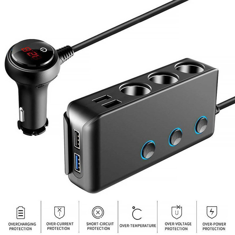 车载点烟器一拖四快充USB接口+1QC3.0+3点烟口+背夹+LED显示