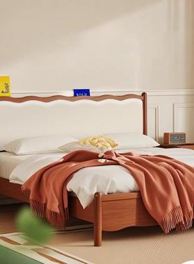 实木床北欧复古双人床1.8m波浪床法式床中古风床简约软包婚床卧室