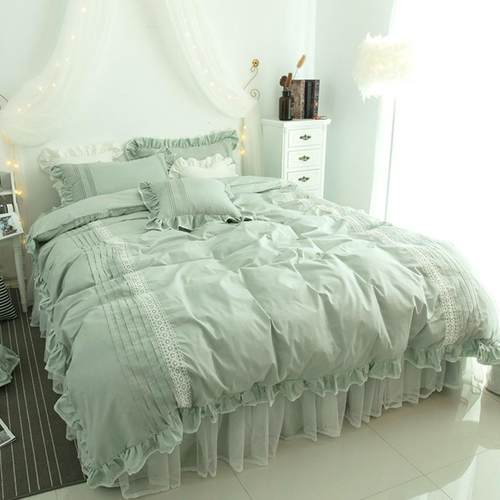 韩式全棉床上四件套素色纯棉公主风床单蕾丝床裙式1.8m床双人被套