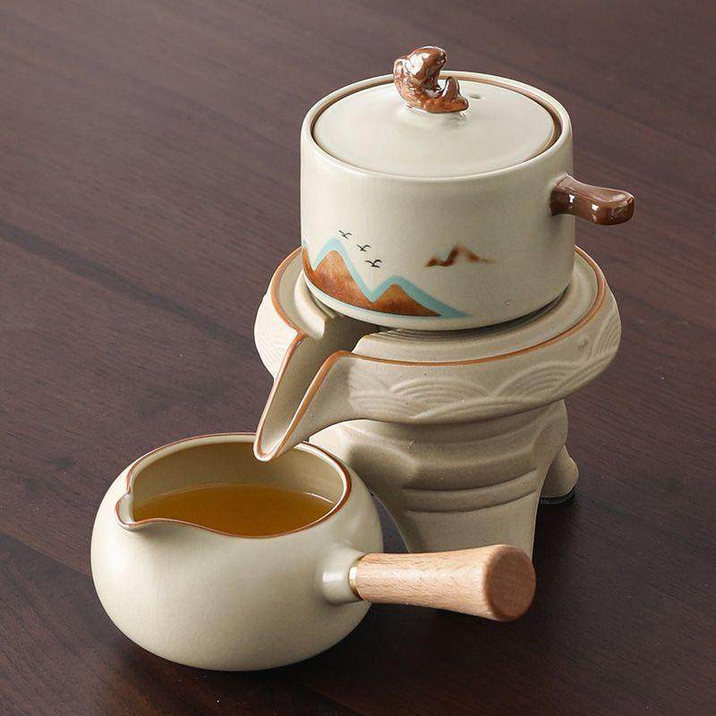 汝窑自动茶具家用懒人泡茶神器石磨旋转泡茶壶新中式茶杯茶具套装