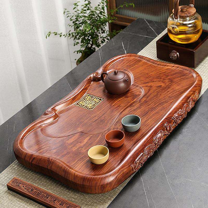 整块实木茶盘家用排水式茶海大小号简约单层茶台长方形黑檀木托盘