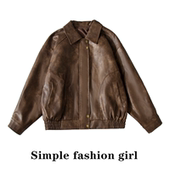 simple复古感擦色做旧棕色皮衣女春秋宽松甜酷机车美式 夹克短外套
