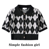 短款 simple25夏新款 显瘦显腿长 复古格纹polo针织衫 修身 美式 辣妹