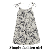 simple水墨印花吊带裙夏季 女复古碎花褶皱肌理感连衣裙中长款 裙子