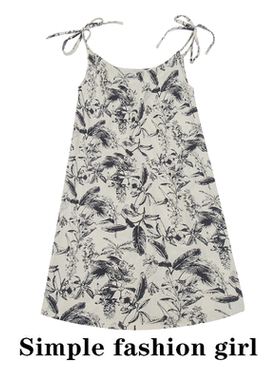 simple水墨印花吊带裙夏季女复古碎花褶皱肌理感连衣裙中长款裙子