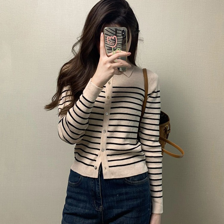 条纹修身针织衫亲肤开衫上衣女