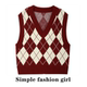 2025新款 日系学院风复古菱形格子宽松慵懒风V领毛衣马甲背心马夹
