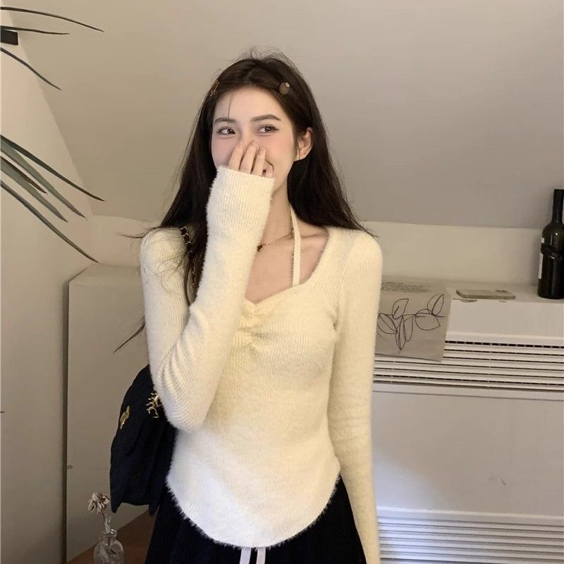 法式V领挂脖水貂绒毛衣女秋冬