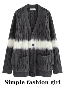 simple 灰色韩版针织开衫女2025春秋新款宽松休闲慵懒风毛衣外套