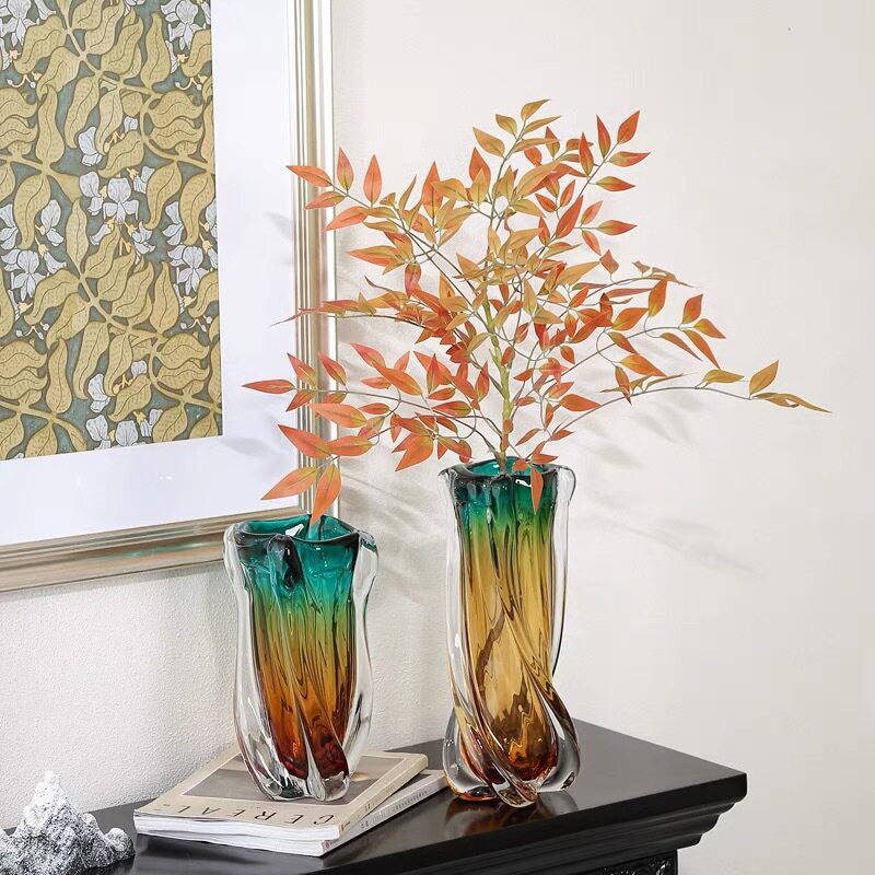 轻奢琉璃花瓶摆件客厅餐桌样板间玄关插花水培扭纹花器桌面装饰品