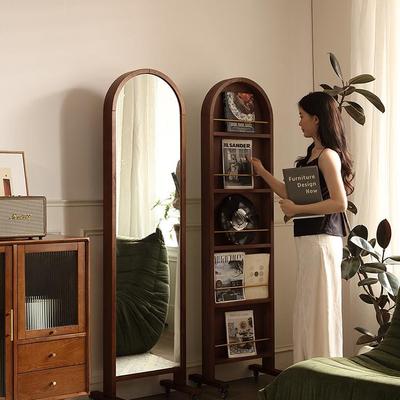 中复古实木穿衣镜可移动全身镜子旋转落地杂志书架收纳柜置物一体