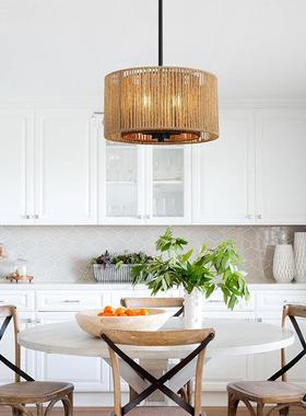 氛围简约吸顶吊灯书房床头餐厅饭店三头藤艺LED黄光灯具纸绳吊灯