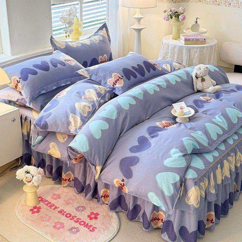网红家用床裙四件套水洗棉被套床垫保护套防滑床单韩版床上三件套