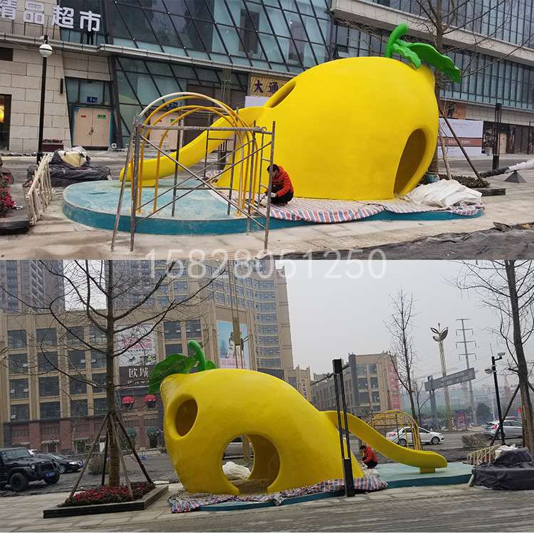 玻钢工厂大型户外卡通滑滑梯摆件，创意柠檬滑滑梯工艺品