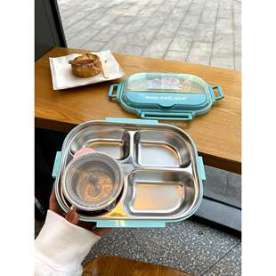 可爱卡通304不锈钢饭盒学生午餐盒儿童带汤碗保温便当盒四格餐盘