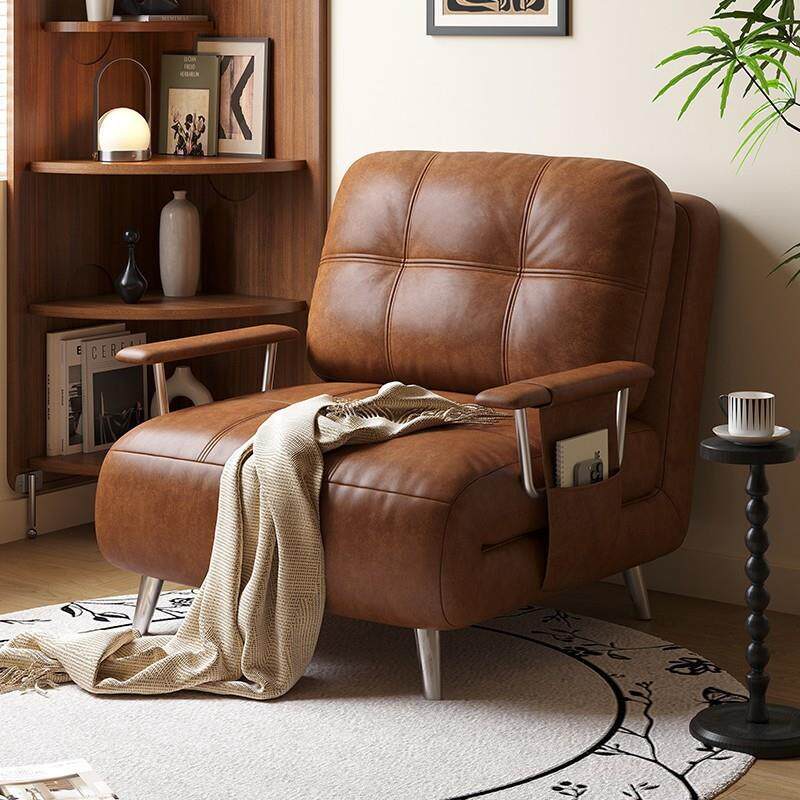 单人沙发床折叠一体两用中古风小户型伸缩实木沙发书房阳台午休床