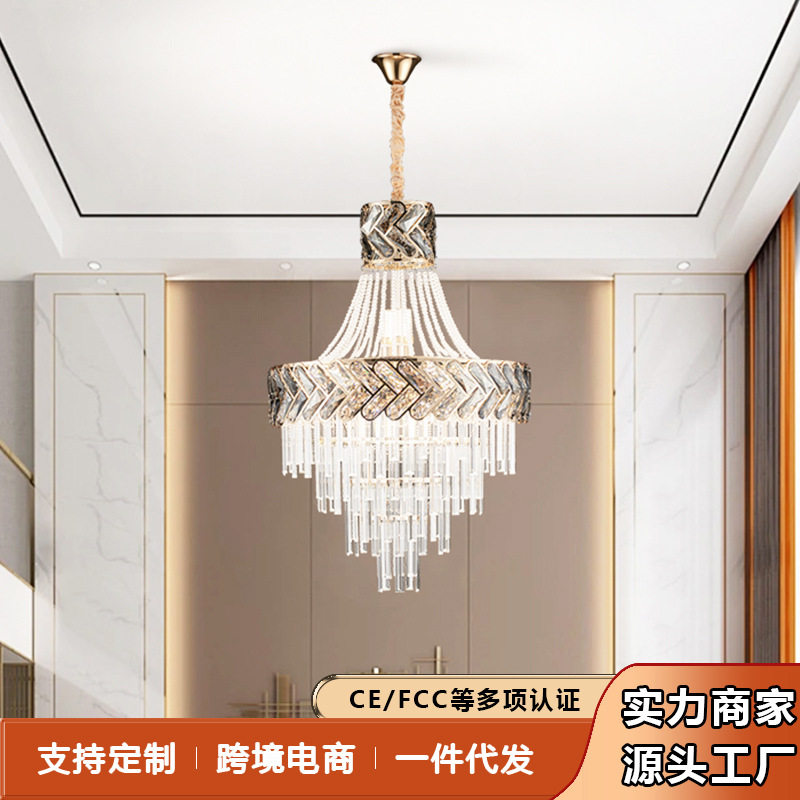 法式高级感水晶吊灯酒店复式楼梯灯水晶灯客厅餐厅灯饰轻奢大灯