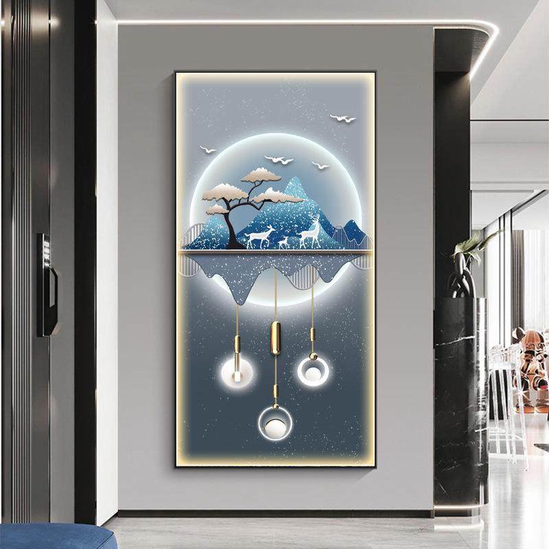 轻奢入户进门玄关装饰画带led灯光挂画现代简约竖版走廊过道壁画