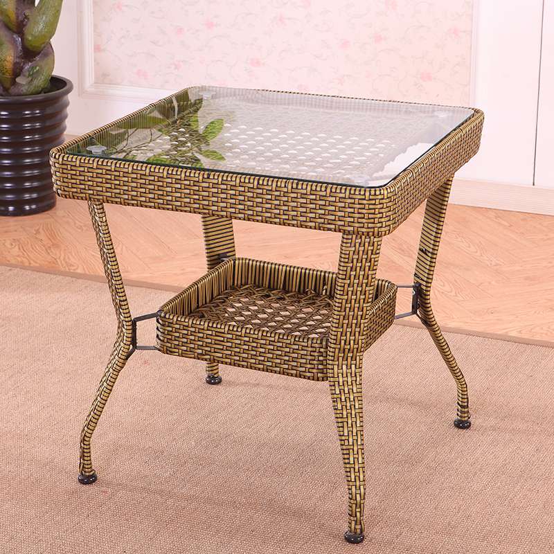 0A方形茶几阳台家用藤编钢化玻璃桌子休闲桌户外餐桌打牌编织洽谈