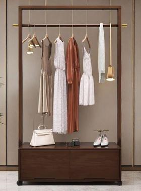 实木落地衣架全实木家用卧室衣架胡桃木色可移动简约新中式储物架