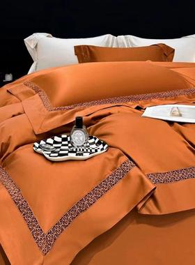 高端A类100S长绒棉镂空四件套轻奢纯色加密床上用品婚礼床单被套