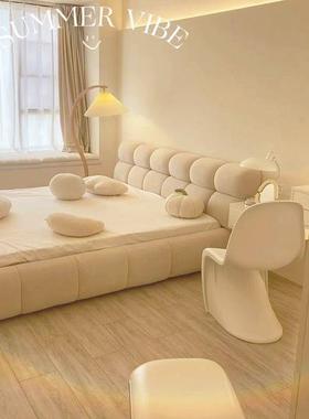 奶油风泡芙布艺床主卧公主床双人床卧室成套家具床+床头柜