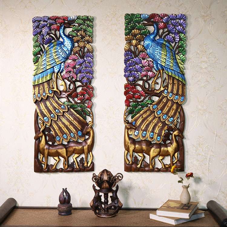 泰国柚木 木雕孔雀雕花板 镂空 东南亚风格软装实木花格墙饰壁饰