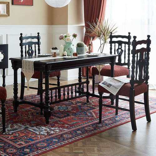 黑骑士餐桌实木雕花法式复古长方桌复古黑色餐台轻奢桌椅组合