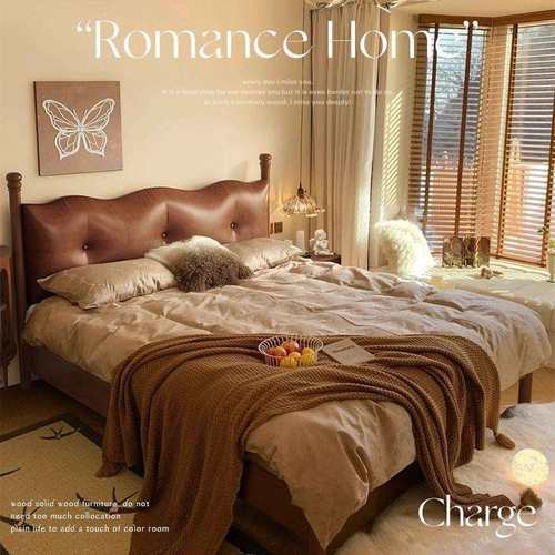 中古风松木床北欧实木现代简约1.8M双人法式床松木软包主卧小户型