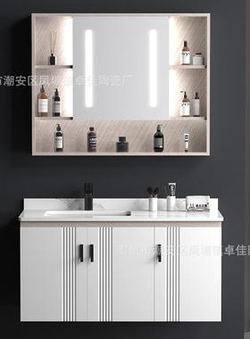 欧式白色橡木免漆浴室柜家用浴室陶瓷一体洗漱洗手池含镜置物柜