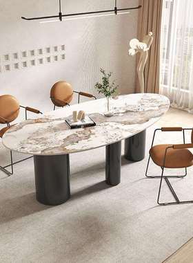 轻奢亮光岩板长方形餐桌椅组合现代简约家用小户型客厅饭桌M338#