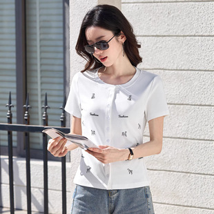 2026年春夏季新款棉质秀气小狗短袖白色针织开衫修身显瘦上衣女装