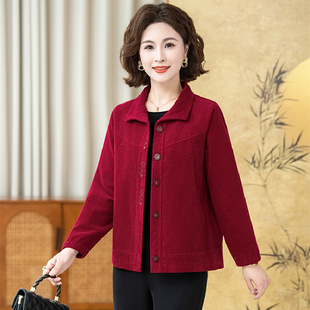 春秋新款中老年妈妈装宽松休闲时尚灯芯绒夹克条绒大码复古外套女