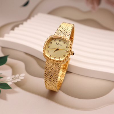 中古休闲宫廷风麦穗编织带满钻方盘石英女士手表