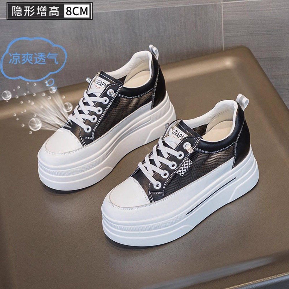 真皮厚底网面板鞋女2026年夏季新款小个子内增高免系带休闲小白鞋