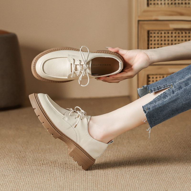 杏色女鞋秋冬加绒2025新款英伦风小皮鞋女百搭覆古系带厚底包鞋潮