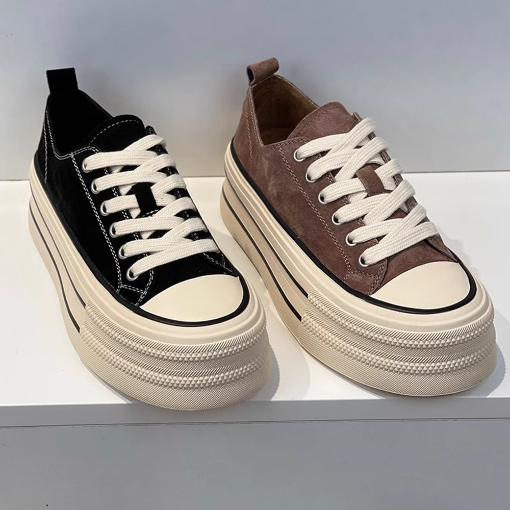 厚底真皮帆布鞋女2025年新款秋冬透气百搭小个子增高松糕饼干鞋潮