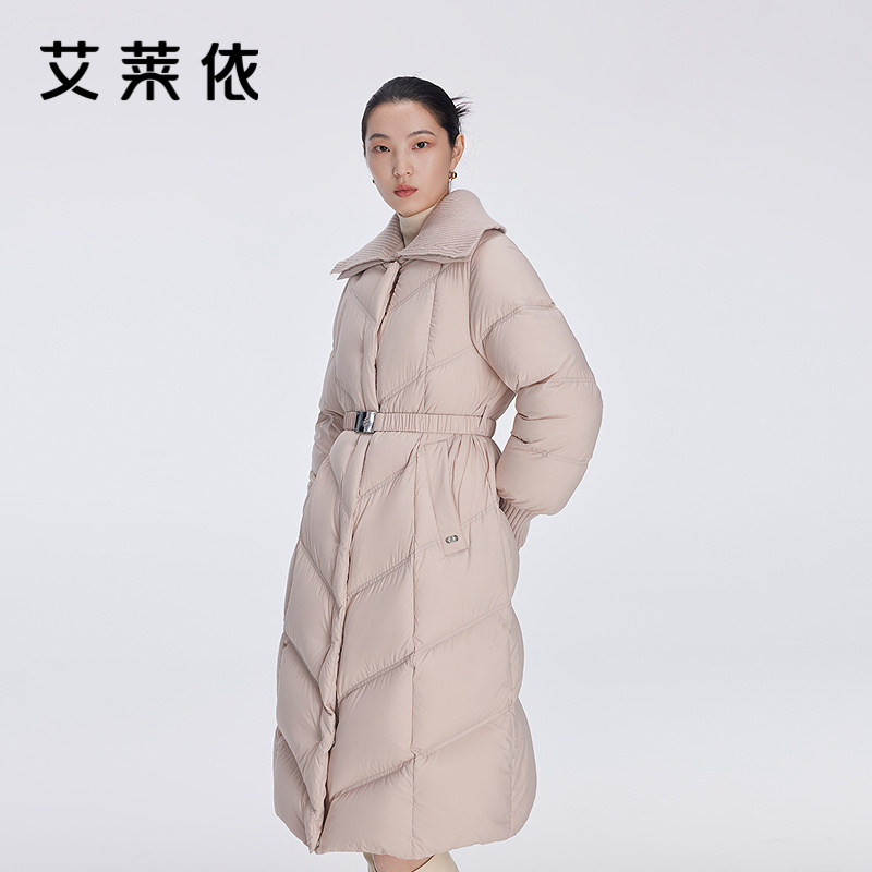 艾莱依冬季新品雅致针织翻领大衣长款羽绒服收腰保暖外套商场同款