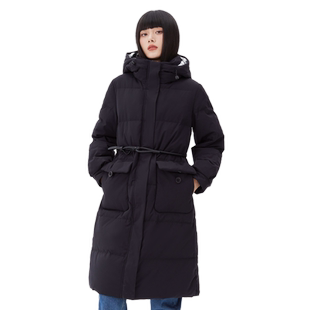 艾莱依国风羽绒服女装新款时尚收腰花苞袖中长款冬季保暖连帽外套