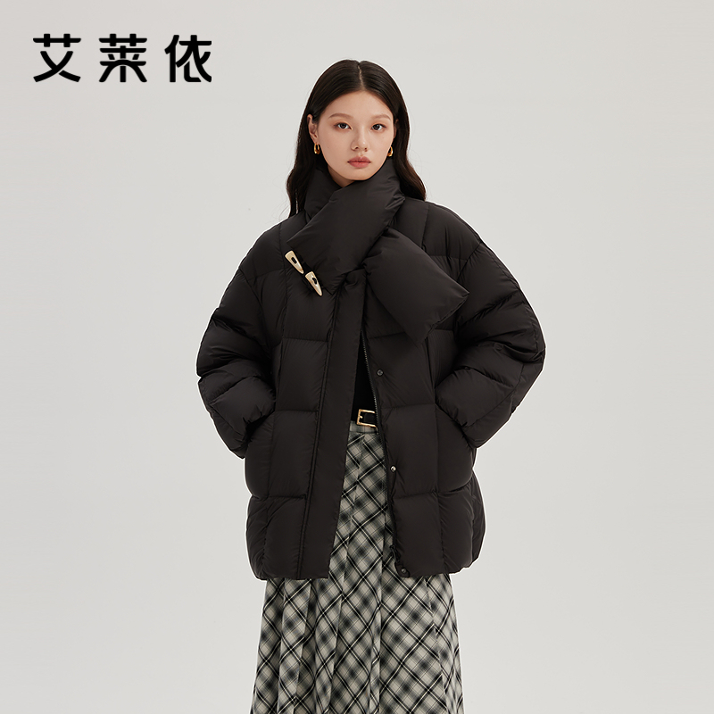 艾莱依羽绒服冬季女士新款围巾领温暖防风牛角扣质感鸭绒简约外套