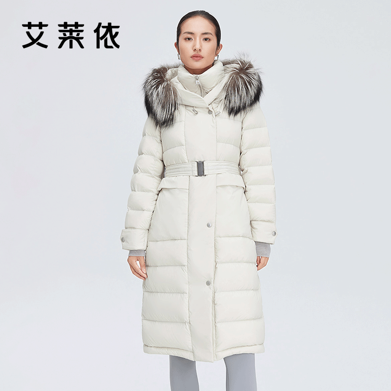 艾莱依大毛领中长款鹅绒