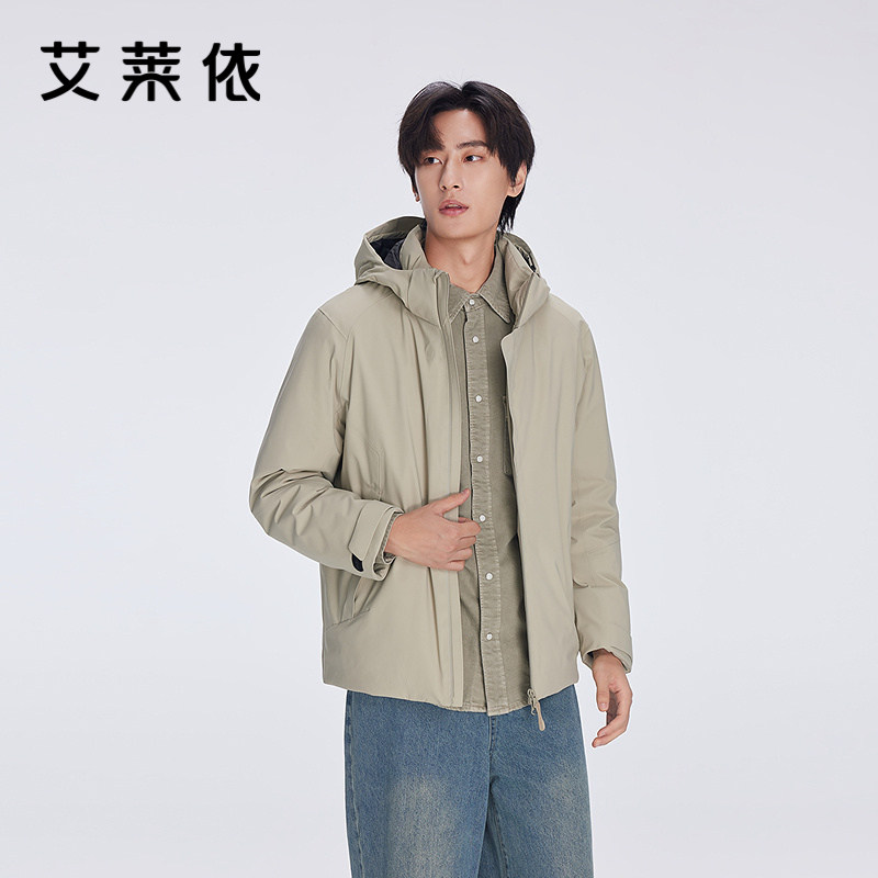 艾莱依冬季新款羽绒服男多口袋PU立领宽松加厚保暖外套潮短款清仓