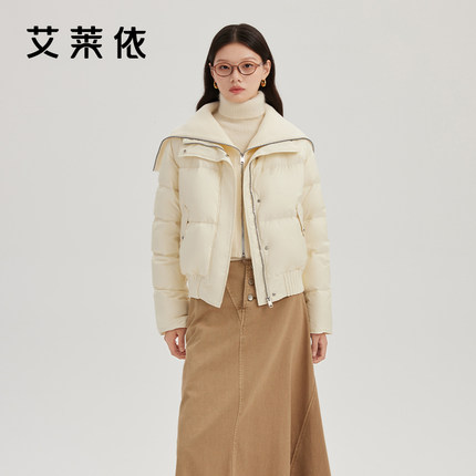 艾莱依翻领羽绒服女款新款假两件针织拼接保暖鸭绒时尚高级感外套