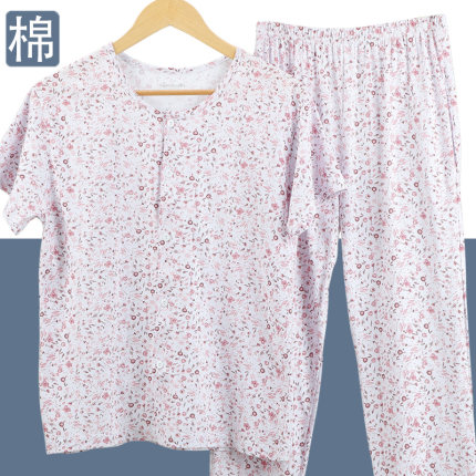 中老年纯棉薄款睡衣女套装家居服奶奶老人开衫妈妈两件宽松夏短袖
