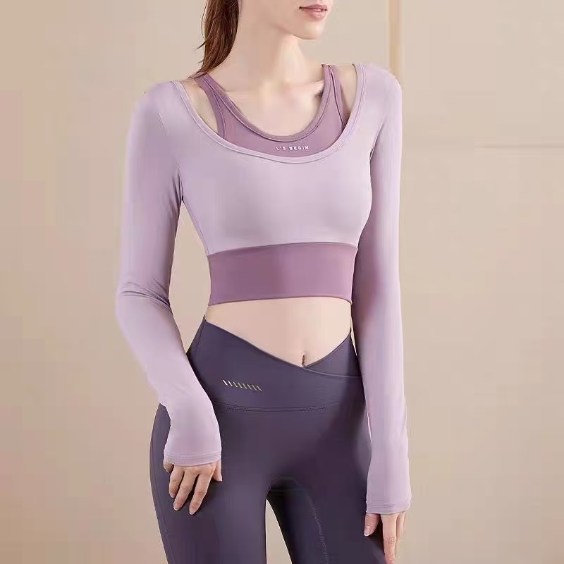 瑜伽服长袖假两件运动上衣短款