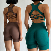欧美高腰无缝健身套装 防震运动文胸女速干训练撸铁提臀三分短裤