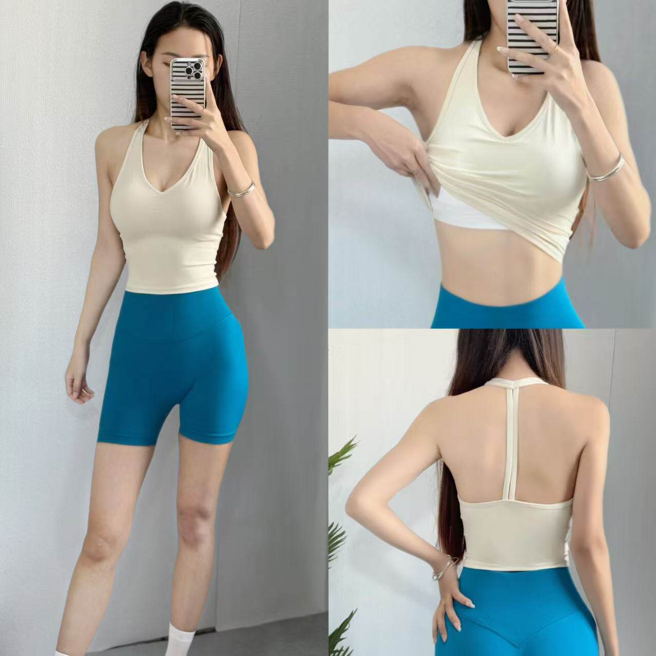 性感美背挂脖瑜伽背心女带胸垫瑜伽服上衣遮肚子修身显瘦v领吊带