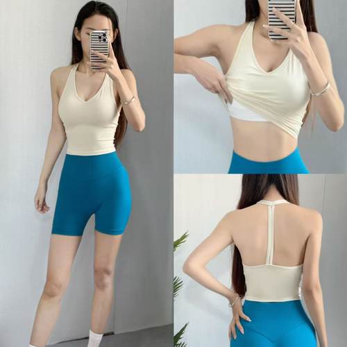 性感美背挂脖瑜伽背心女带胸垫瑜伽服上衣遮肚子修身显瘦v领吊带