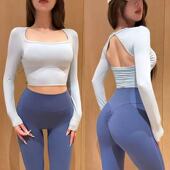 新款 女带胸垫运动上衣跑步训练健身服 方领露背瑜伽服长袖