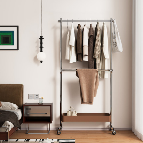 不锈钢衣帽架落地卧室家用简易可移动客厅挂衣架收纳中古马鞍皮盒